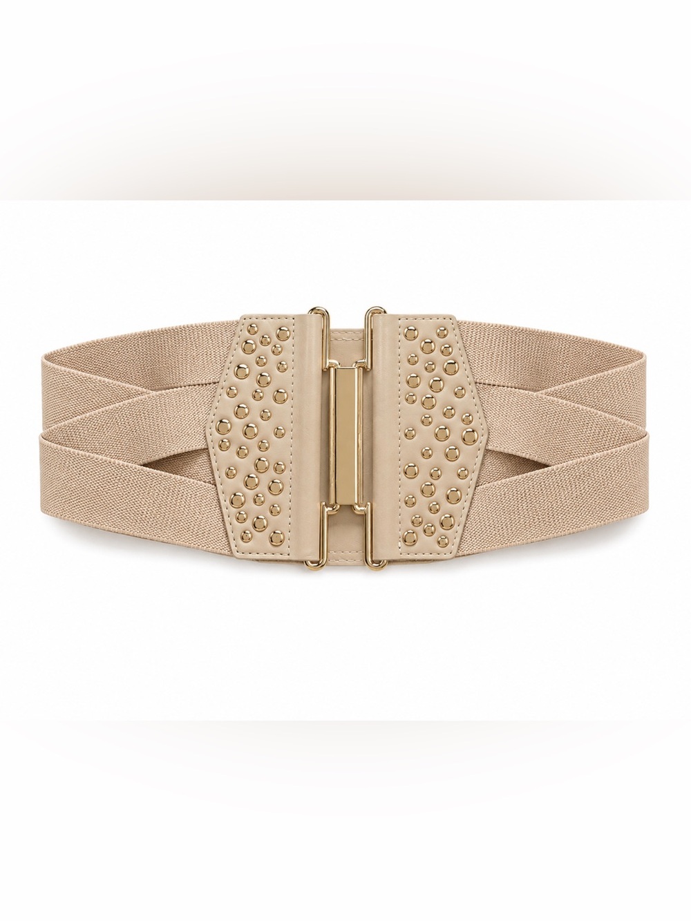 bebe Beige Elastic Waist Belt with Gold Studs